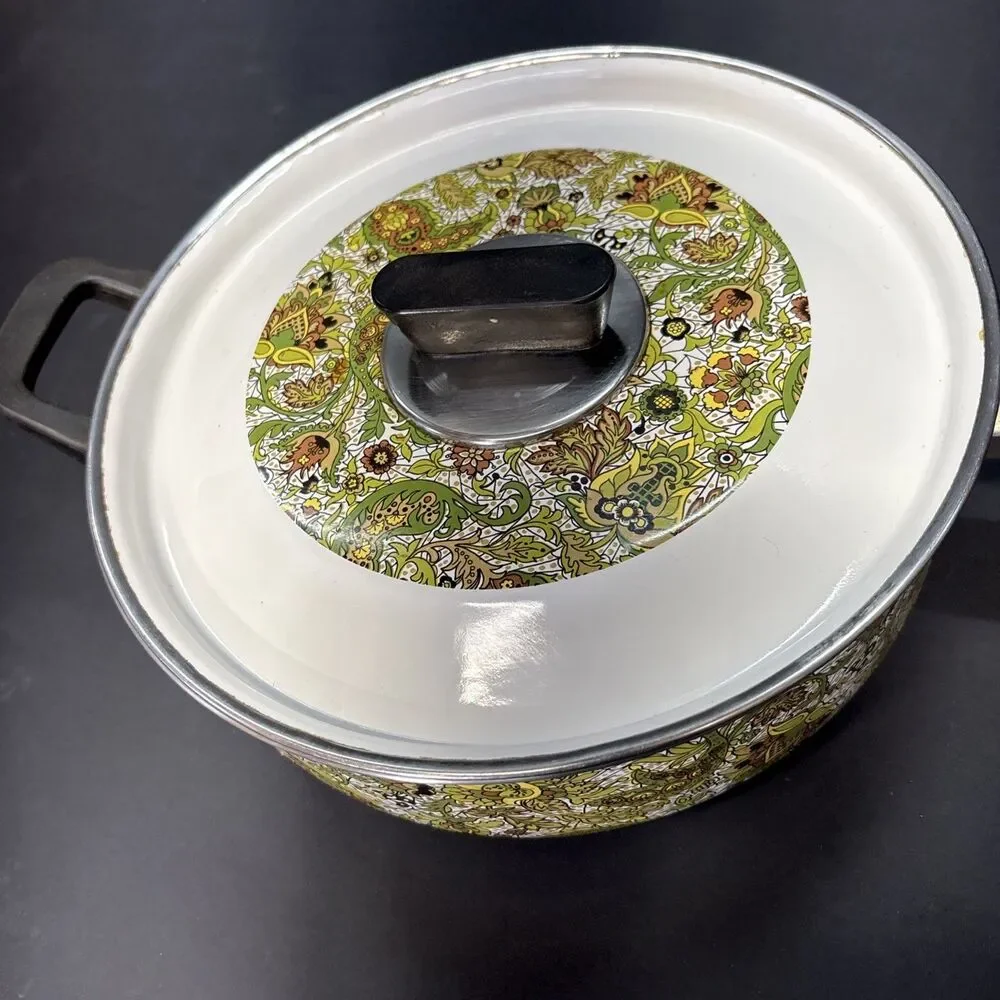 Vtg 1970s Fancipans Avocado Green Paisley Fry Pan w Lid